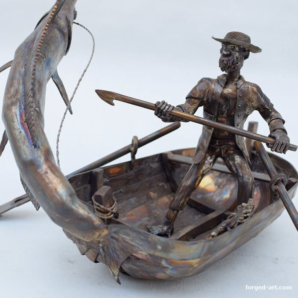 Fischer im Boot mit Marlin, Edelstahlskulptur nach Hemingway